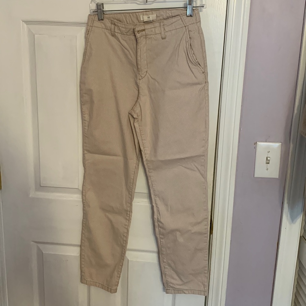 Cream and white striped pants.